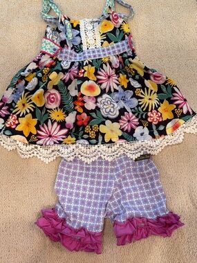 Matilda Jane Black Floral Lace-Trim Tank with Lavender Ruffle Shorts